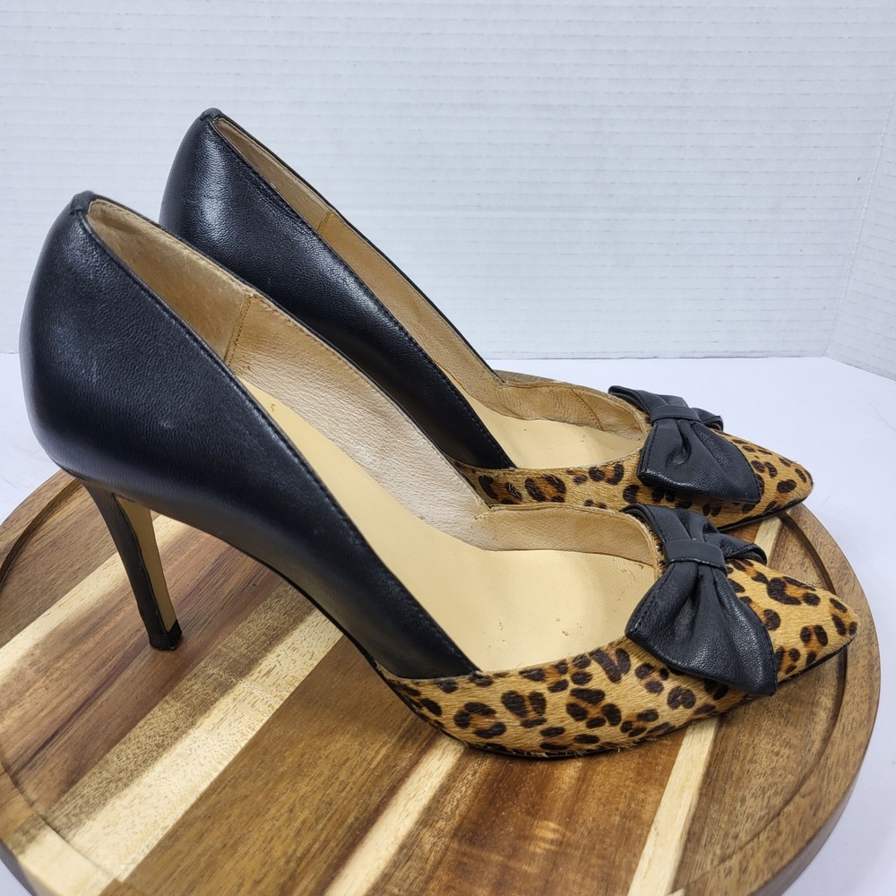 Kate Spade Leopard Print Calf Hair Black Leather‎ Bow Pointed Toe Pumps 6.5M - Picture 2 of 13